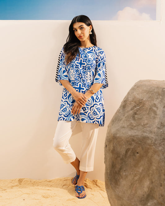 blue printed co ord set, printed co ord set for women, Korean BSY co ord set, blue white co ord set, women co ord set, printed two piece set, relaxed fit co ord set, stylish co ord set for women, workwear co ord set, casual co ord set for women, vacation co ord set, brunch outfit for women, smart casual co ord set, comfortable co ord set, trendy women’s co ord set