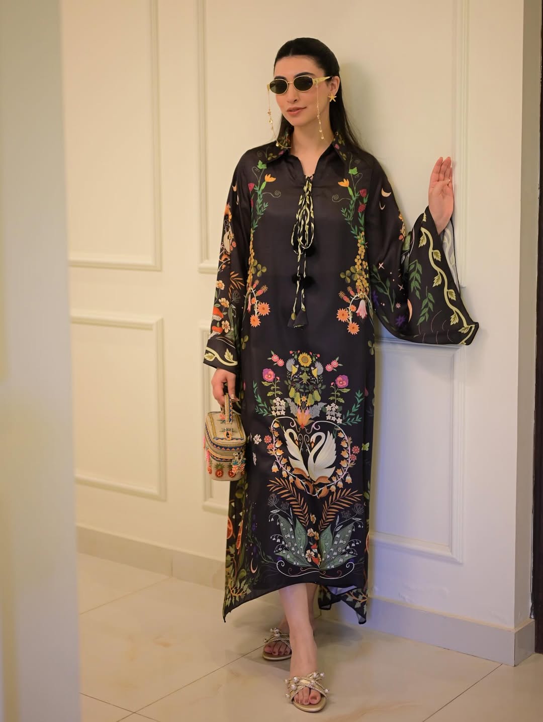 black printed dress for women, vintage floral dress, Korean BSY dress, luxury printed maxi dress, western printed dress for women, vacation dress for women, resort wear dress, designer printed dress, elegant women's dress, premium western wear for women