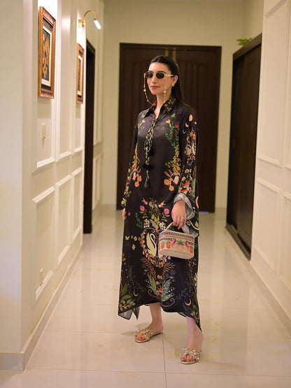 black printed dress for women, vintage floral dress, Korean BSY dress, luxury printed maxi dress, western printed dress for women, vacation dress for women, resort wear dress, designer printed dress, elegant women's dress, premium western wear for women