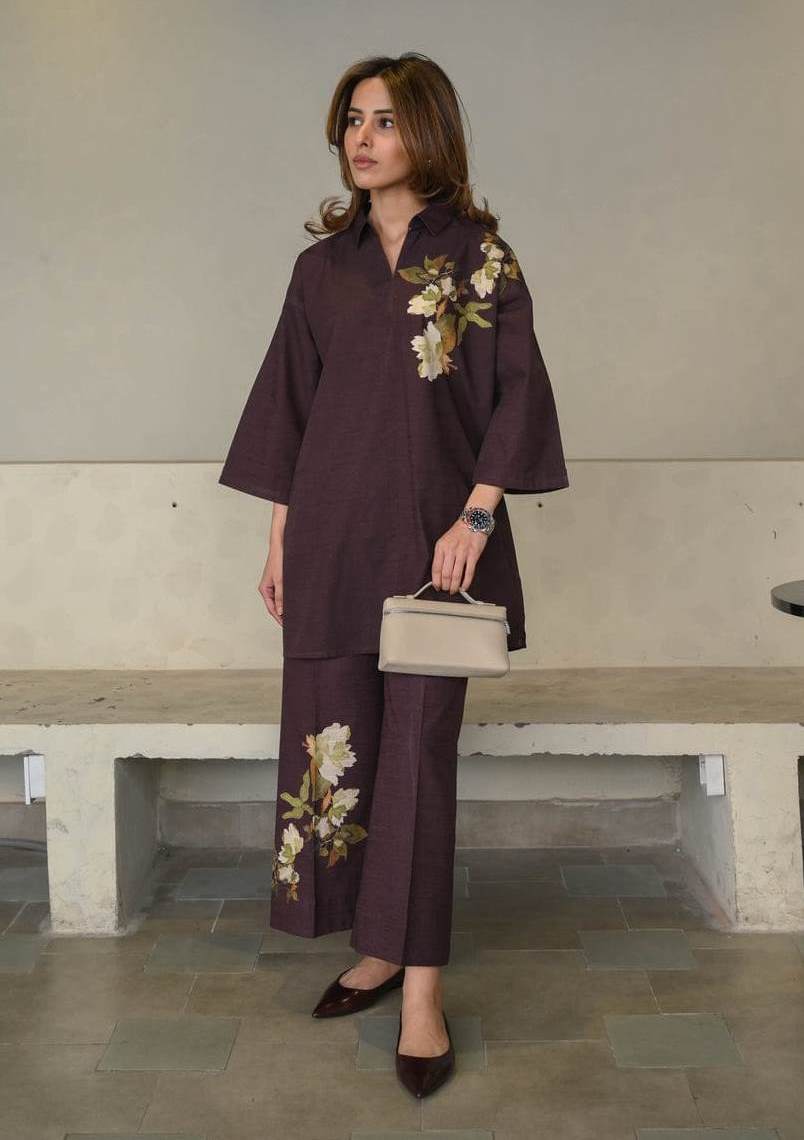 elegant printed co ord set, linen co ord set for women, printed linen co ord set, plum co ord set for women, floral co ord set, premium linen outfit, linen western wear for women, office wear co ord set, smart casual outfit for women, formal co ord set for women, elegant office wear, women's linen outfit, printed matching set for women, floral printed outfit, comfortable co ord set, relaxed fit co ord set, brunch outfit for women, kitty party outfit, travel outfit for women, lunch date outfit, everyday co o