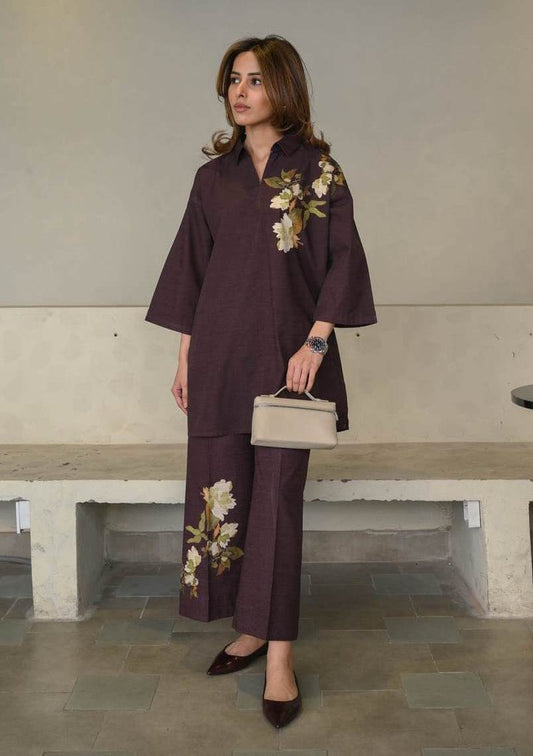 elegant printed co ord set, linen co ord set for women, printed linen co ord set, plum co ord set for women, floral co ord set, premium linen outfit, linen western wear for women, office wear co ord set, smart casual outfit for women, formal co ord set for women, elegant office wear, women's linen outfit, printed matching set for women, floral printed outfit, comfortable co ord set, relaxed fit co ord set, brunch outfit for women, kitty party outfit, travel outfit for women, lunch date outfit, everyday co o