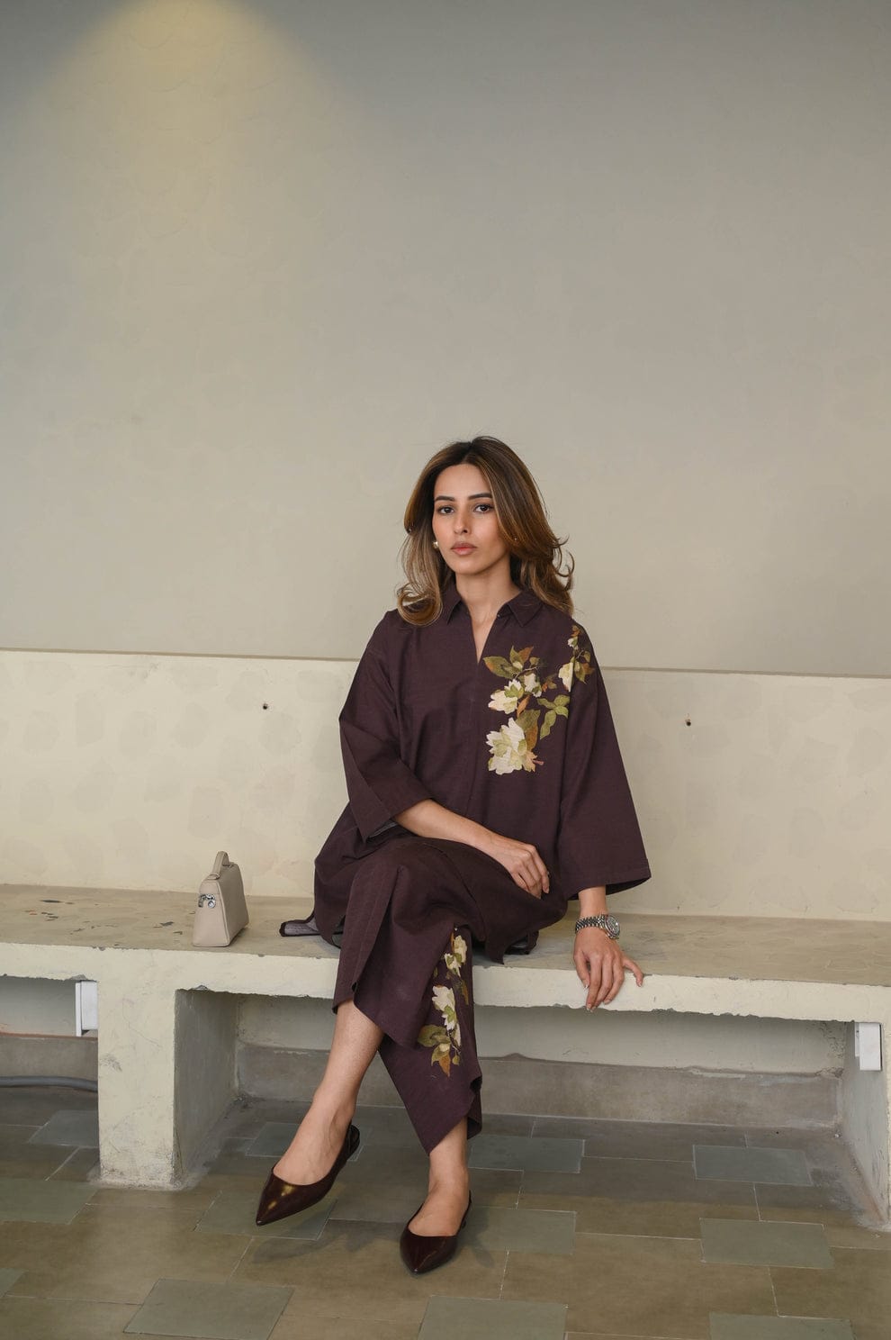 elegant printed co ord set, linen co ord set for women, printed linen co ord set, plum co ord set for women, floral co ord set, premium linen outfit, linen western wear for women, office wear co ord set, smart casual outfit for women, formal co ord set for women, elegant office wear, women's linen outfit, printed matching set for women, floral printed outfit, comfortable co ord set, relaxed fit co ord set, brunch outfit for women, kitty party outfit, travel outfit for women, lunch date outfit, everyday co o