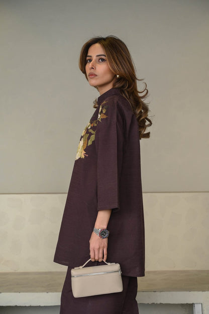 elegant printed co ord set, linen co ord set for women, printed linen co ord set, plum co ord set for women, floral co ord set, premium linen outfit, linen western wear for women, office wear co ord set, smart casual outfit for women, formal co ord set for women, elegant office wear, women's linen outfit, printed matching set for women, floral printed outfit, comfortable co ord set, relaxed fit co ord set, brunch outfit for women, kitty party outfit, travel outfit for women, lunch date outfit, everyday co o