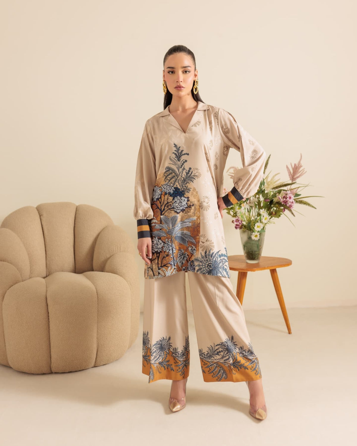 elegant printed co ord set, Korean BSY co ord set, premium co ord set for women, printed co ord set for women, beige co ord set, floral co ord set, botanical print co ord set, wide leg co ord set, Korean fabric co ord set, stylish western wear for women, office wear co ord set, smart casual outfit for women, brunch outfit for women, elegant office outfit, comfortable co ord set, relaxed fit co ord set, women's matching set, printed matching outfit, travel outfit for women, kitty party outfit, lunch date out
