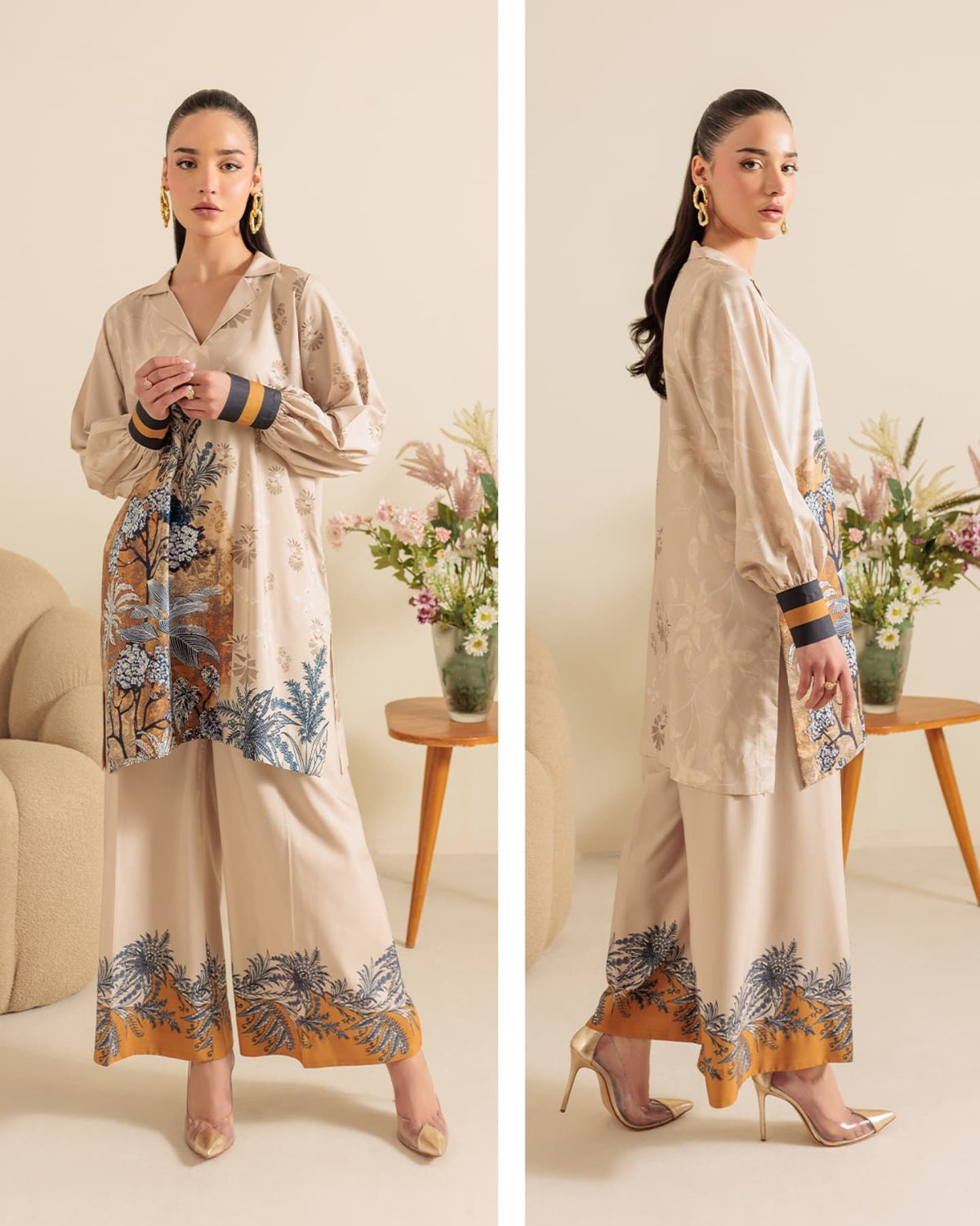 elegant printed co ord set, Korean BSY co ord set, premium co ord set for women, printed co ord set for women, beige co ord set, floral co ord set, botanical print co ord set, wide leg co ord set, Korean fabric co ord set, stylish western wear for women, office wear co ord set, smart casual outfit for women, brunch outfit for women, elegant office outfit, comfortable co ord set, relaxed fit co ord set, women's matching set, printed matching outfit, travel outfit for women, kitty party outfit, lunch date out