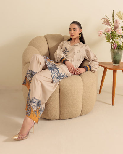 elegant printed co ord set, Korean BSY co ord set, premium co ord set for women, printed co ord set for women, beige co ord set, floral co ord set, botanical print co ord set, wide leg co ord set, Korean fabric co ord set, stylish western wear for women, office wear co ord set, smart casual outfit for women, brunch outfit for women, elegant office outfit, comfortable co ord set, relaxed fit co ord set, women's matching set, printed matching outfit, travel outfit for women, kitty party outfit, lunch date out