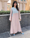 long dress for women, straight fit dress for women, rayon dress for women, long rayon dress, pink dress for women, blush pink dress, printed dress for women, ethnic fusion dress, Indo western dress for women, elegant casual dress, stylish long dress, modest dress for women, full sleeve long dress, flared sleeve dress, V neck dress for women, festive daywear, brunch dress for women, vacation dress for women, resort wear dress, family gathering outfit, kitty party dress, everyday dress for women, comfortable 
