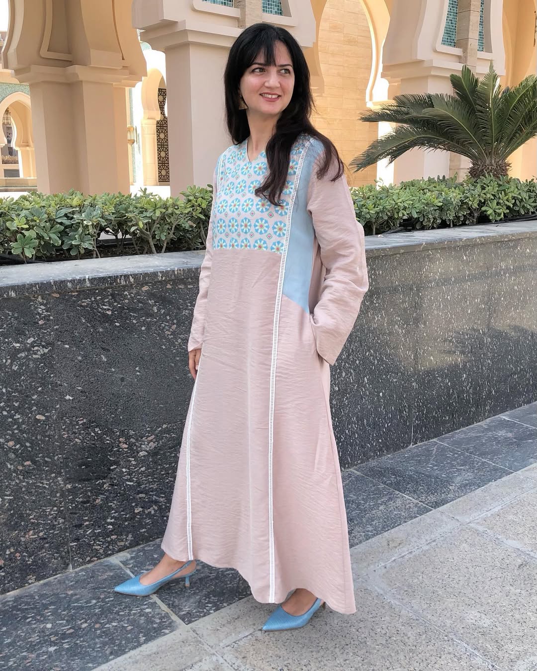 long dress for women, straight fit dress for women, rayon dress for women, long rayon dress, pink dress for women, blush pink dress, printed dress for women, ethnic fusion dress, Indo western dress for women, elegant casual dress, stylish long dress, modest dress for women, full sleeve long dress, flared sleeve dress, V neck dress for women, festive daywear, brunch dress for women, vacation dress for women, resort wear dress, family gathering outfit, kitty party dress, everyday dress for women, comfortable 