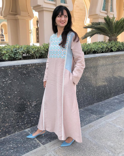 long dress for women, straight fit dress for women, rayon dress for women, long rayon dress, pink dress for women, blush pink dress, printed dress for women, ethnic fusion dress, Indo western dress for women, elegant casual dress, stylish long dress, modest dress for women, full sleeve long dress, flared sleeve dress, V neck dress for women, festive daywear, brunch dress for women, vacation dress for women, resort wear dress, family gathering outfit, kitty party dress, everyday dress for women, comfortable 