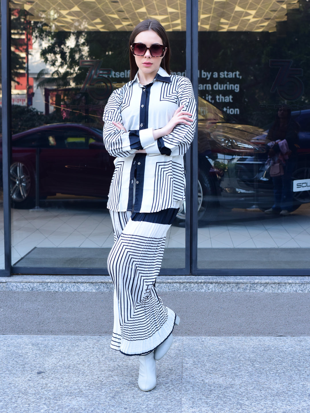 White Striped Collar Co-ord Set