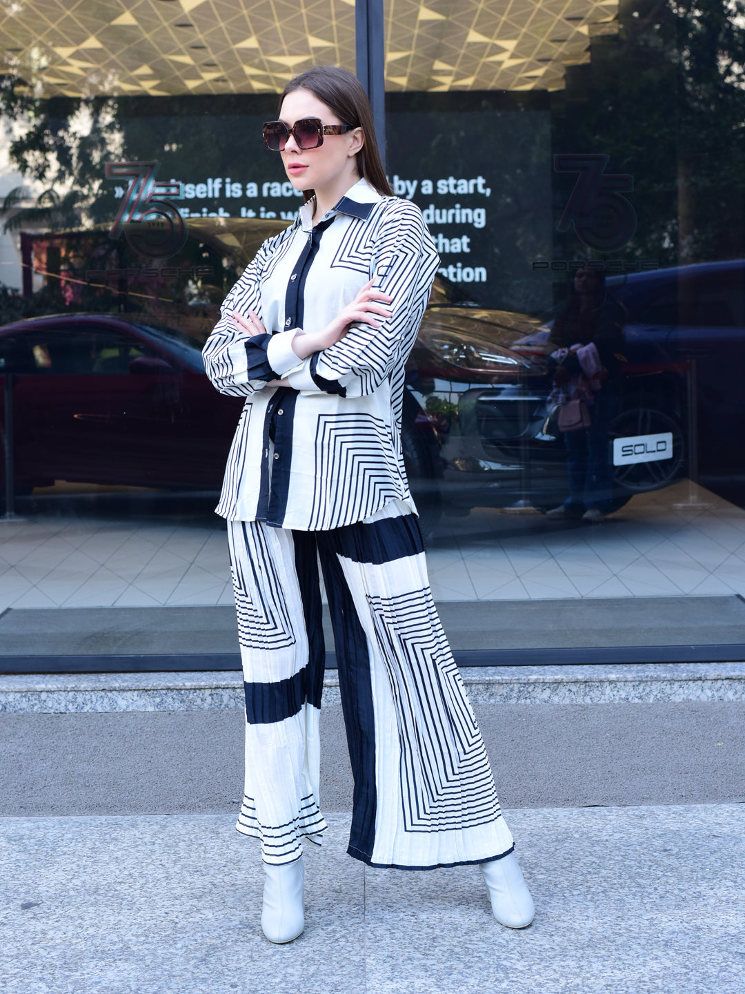 White Striped Collar Co-ord Set