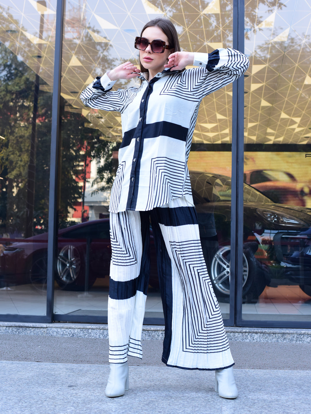 White Striped Collar Co-ord Set