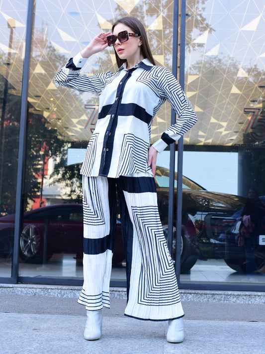 White Striped Collar Co-ord Set
