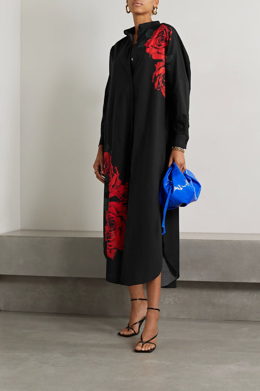 Black floral shirt dress with red rose print for women