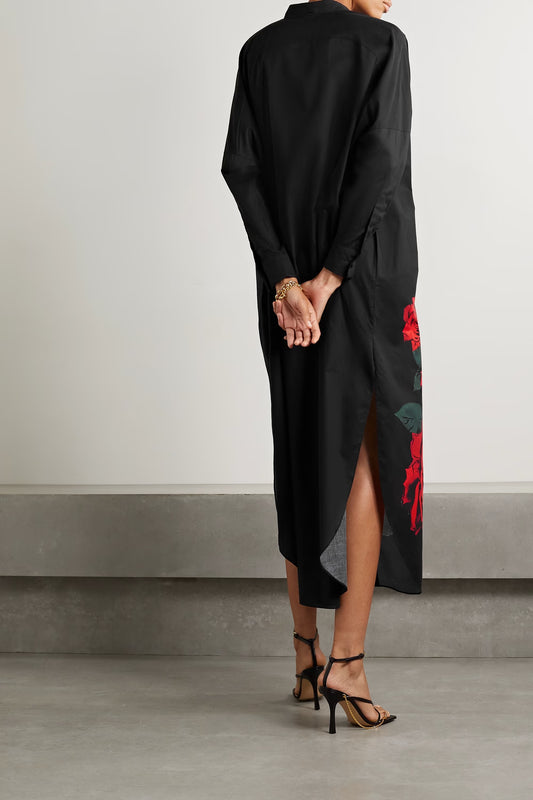 Black Floral Print Shirt Dress for Women – Red Rose Midi Dress