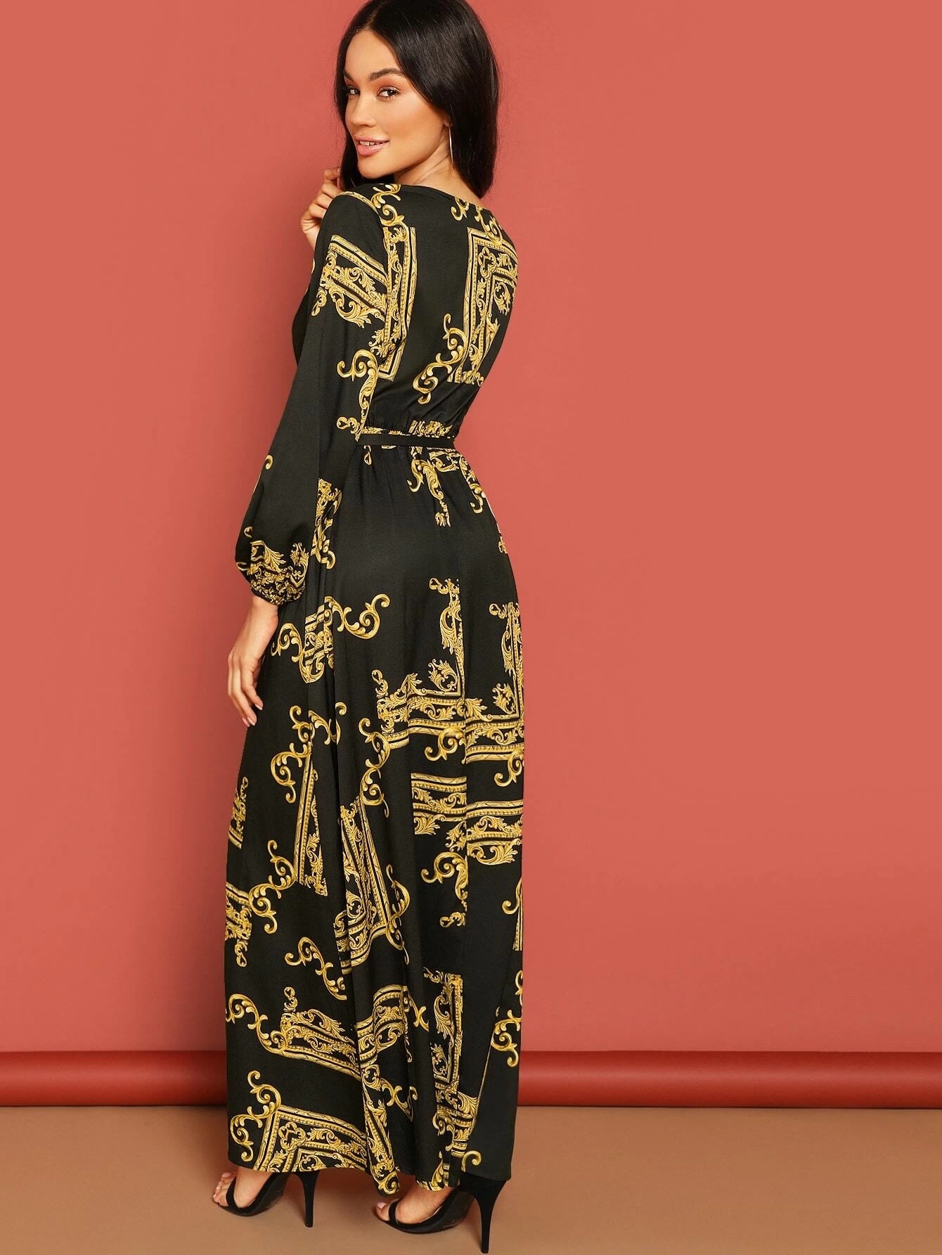 Black Printed Wrap Maxi Dress