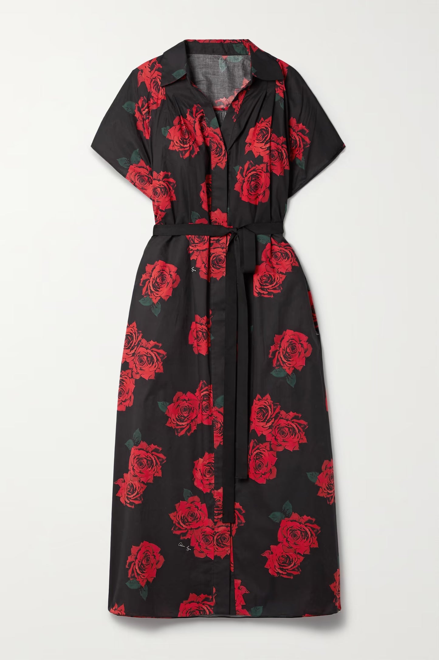 Women’s black floral midi dress with red rose print and relaxed fit