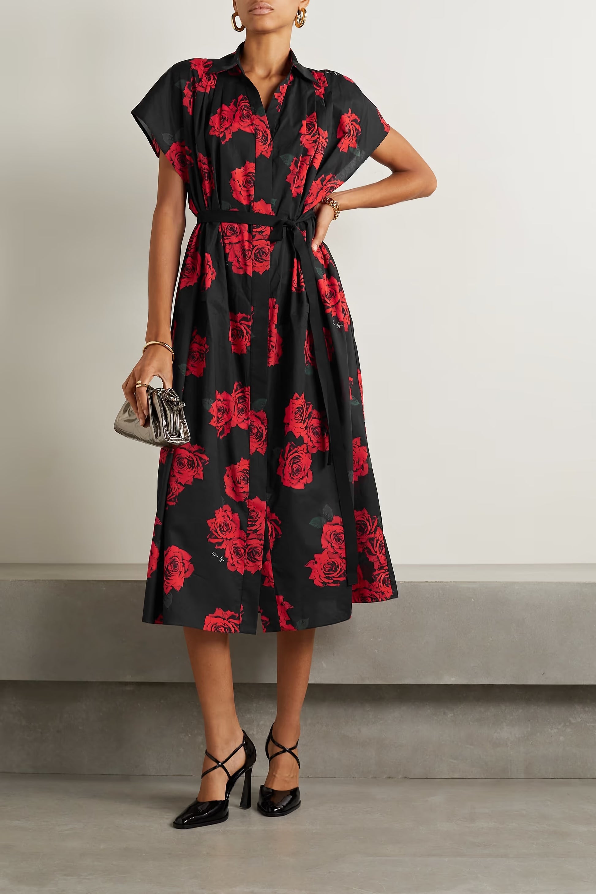 Black and red floral printed midi dress for women in rayon cotton with waist tie