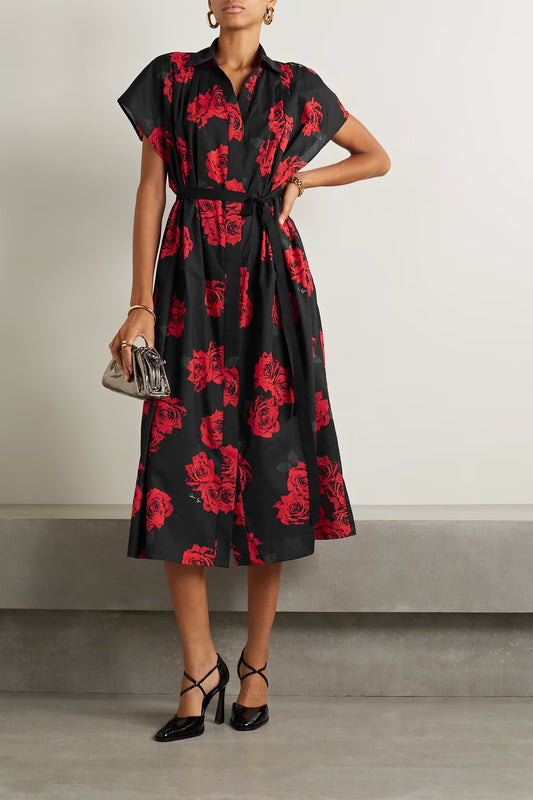Black and red floral printed midi dress for women in rayon cotton with waist tie
