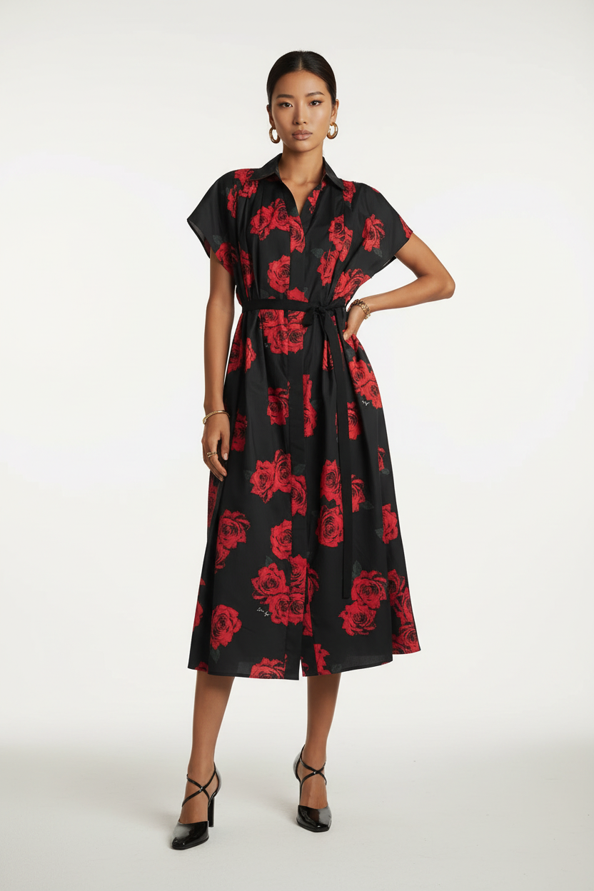 Woman wearing a black dress with red floral pattern on a white background