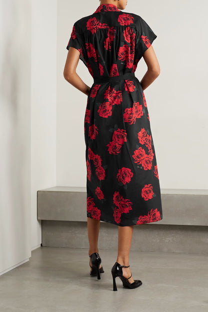 Rayon cotton black floral dress with waist belt perfect for casual and brunch wear