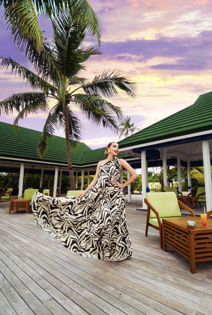 Zebra Print One Shoulder Maxi Dress