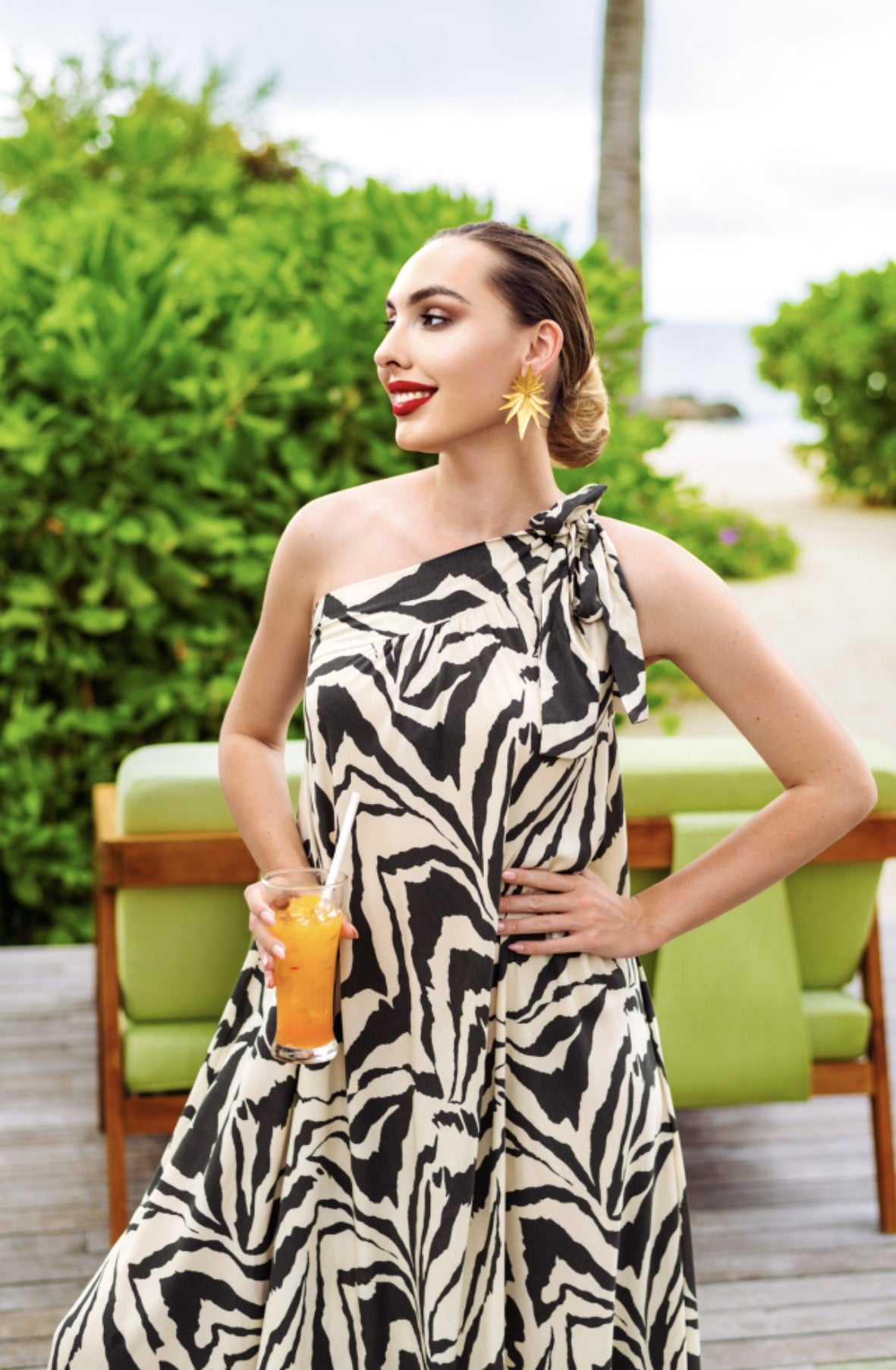 Zebra Print One Shoulder Maxi Dress