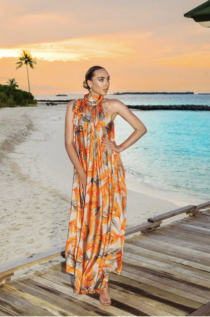 Orange floral printed premium Persian silk maxi dress for women in free size