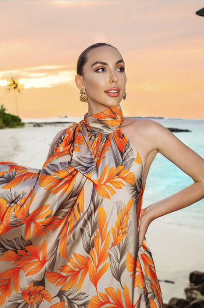 POSHBELLA orange floral silk maxi dress perfect for resort wear and vacations