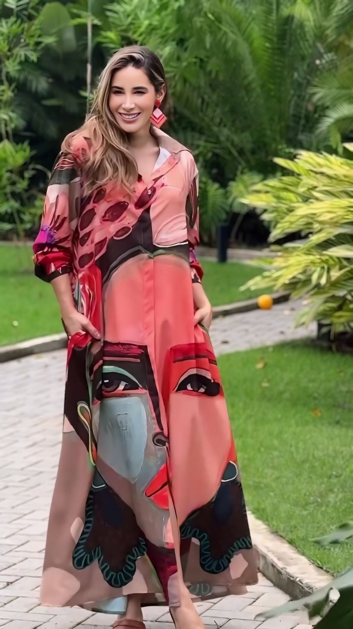 Women’s long maxi dress in French crepe with artistic abstract pattern