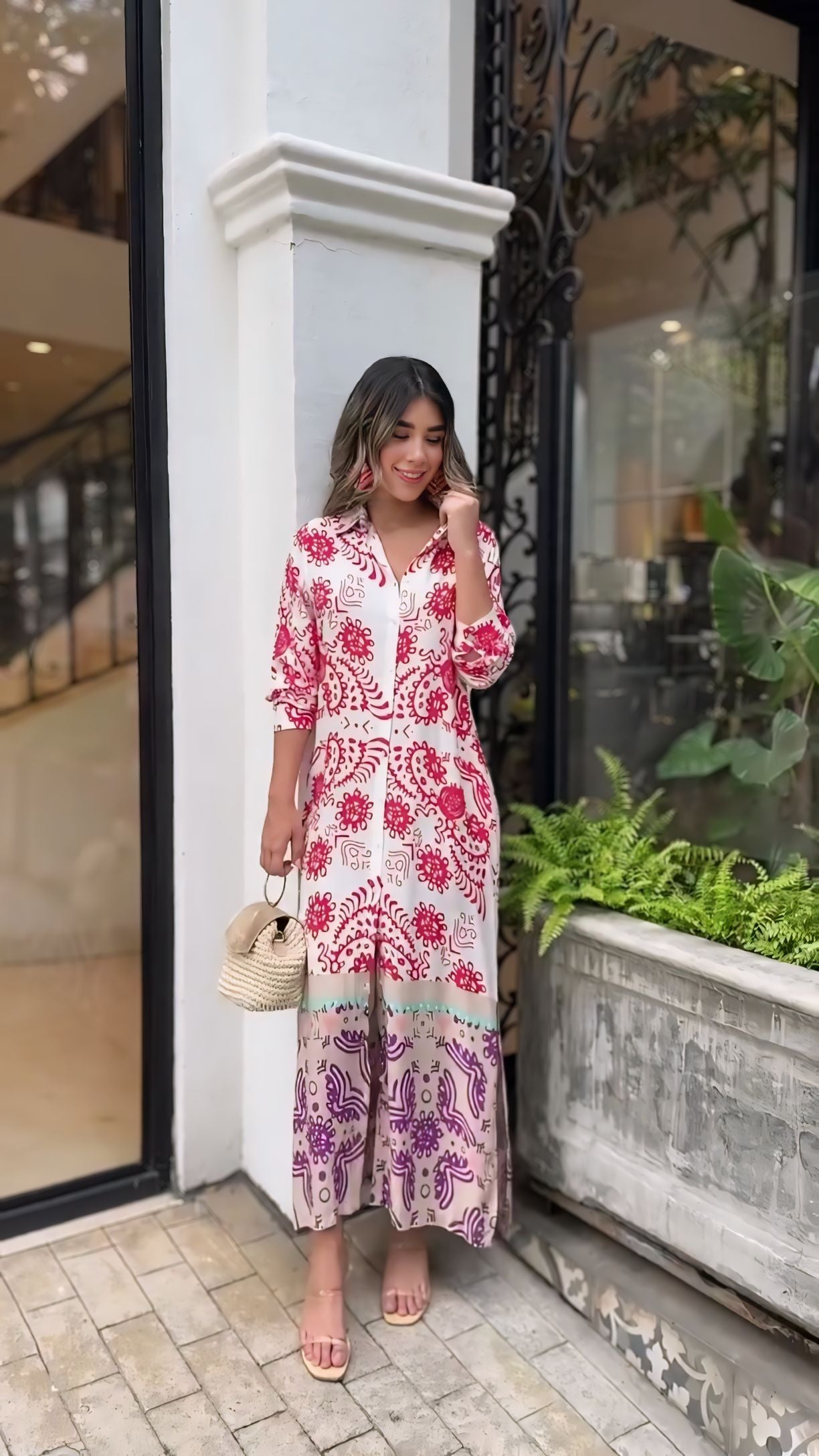 Women’s printed long dress in smooth Korean satin for everyday elegance