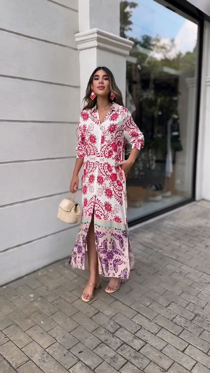 Floral printed smooth Korean satin long dress for women in M L XL sizes