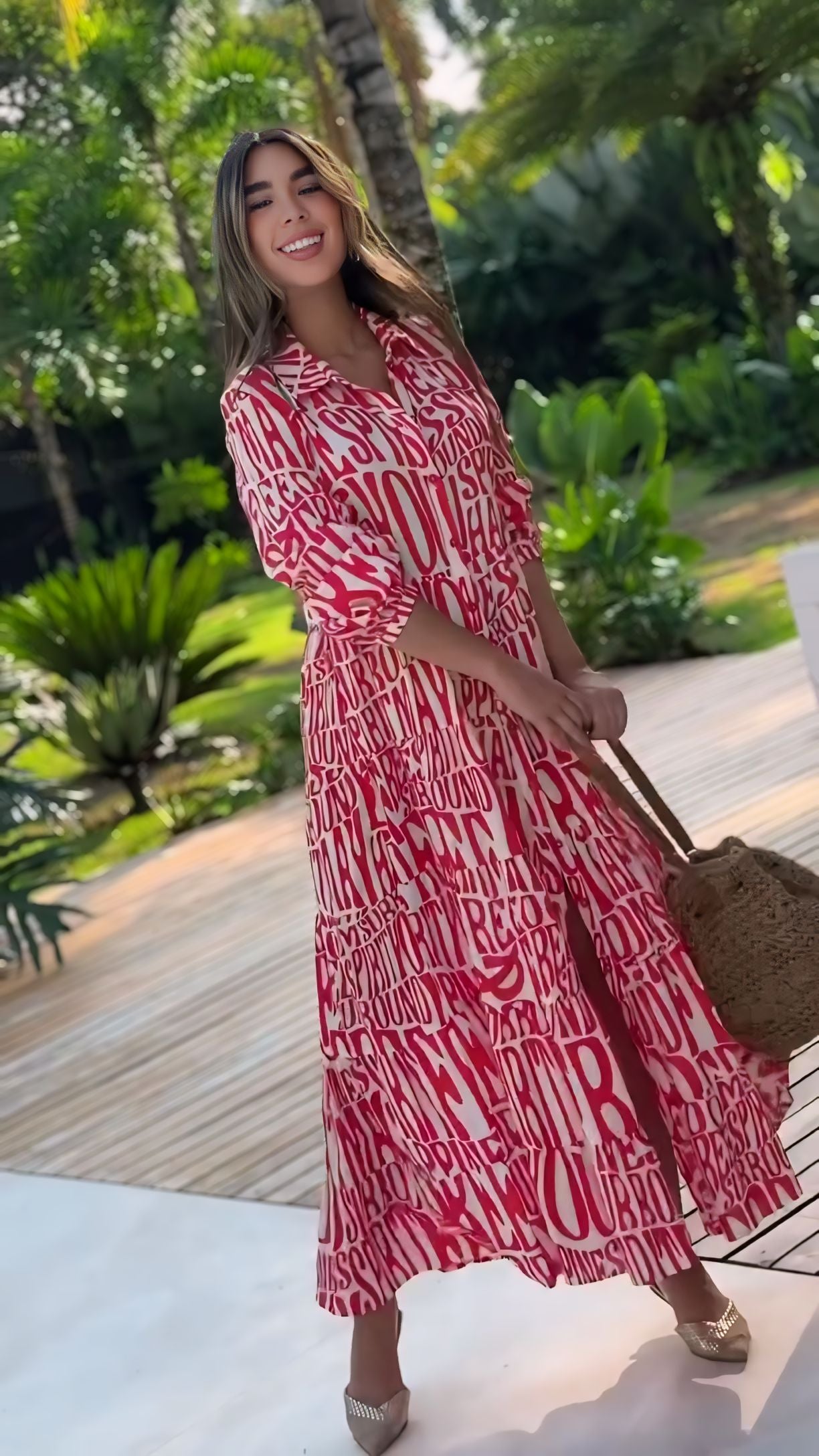 Red printed smooth Korean BSY long maxi dress for women in S to XXL sizes