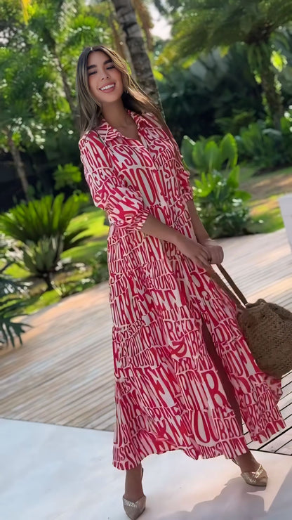 Red printed smooth Korean BSY long maxi dress for women in S to XXL sizes