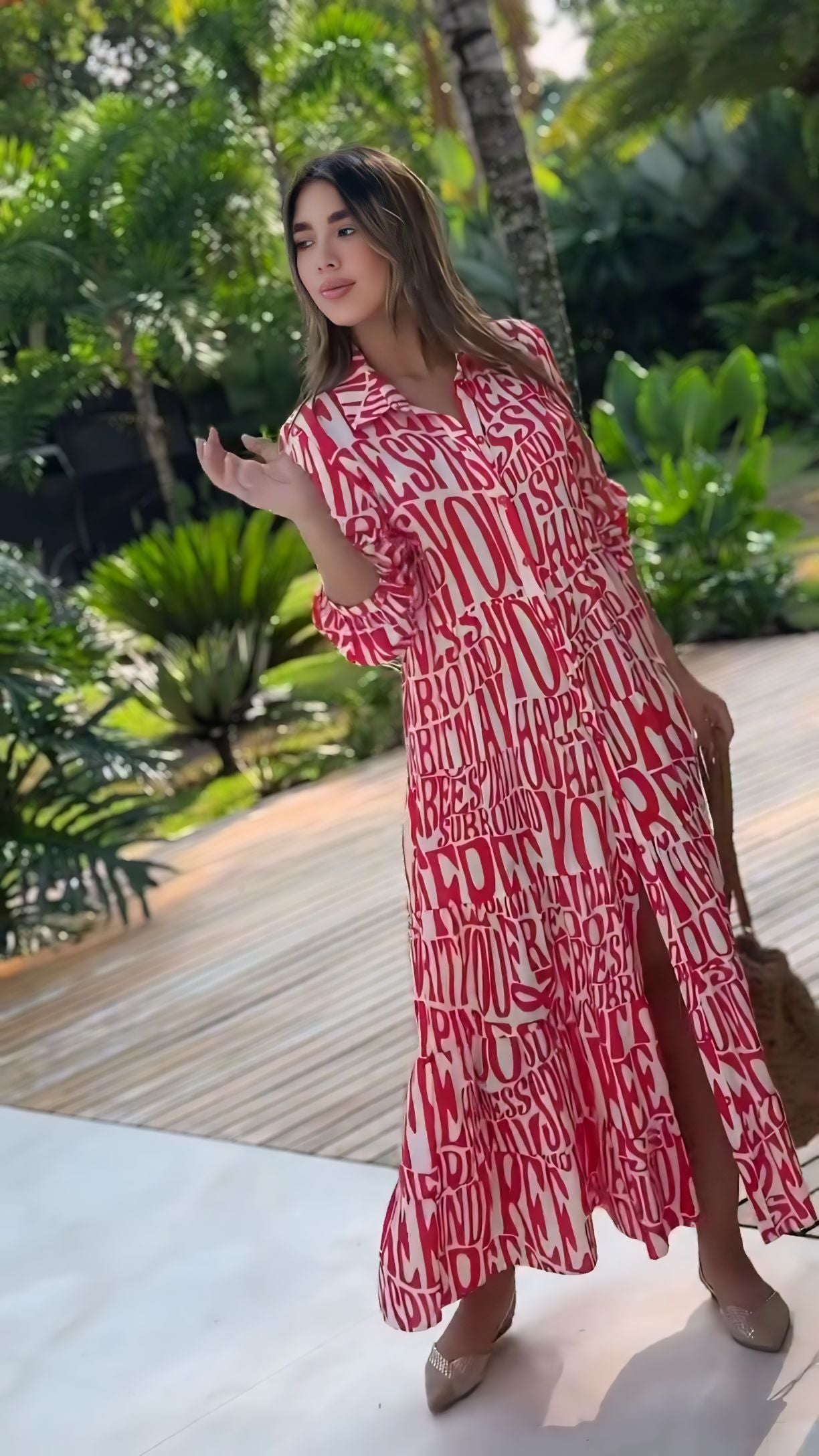 Women’s red printed long maxi dress ideal for casual, travel and resort wear