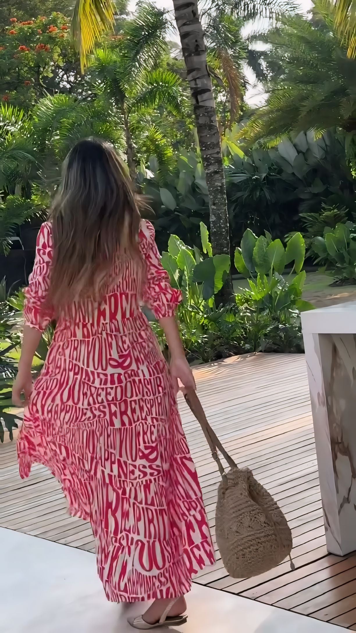 POSHBELLA red typography print maxi dress with flowy relaxed fit