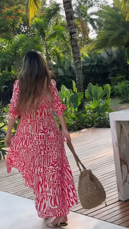 POSHBELLA red typography print maxi dress with flowy relaxed fit