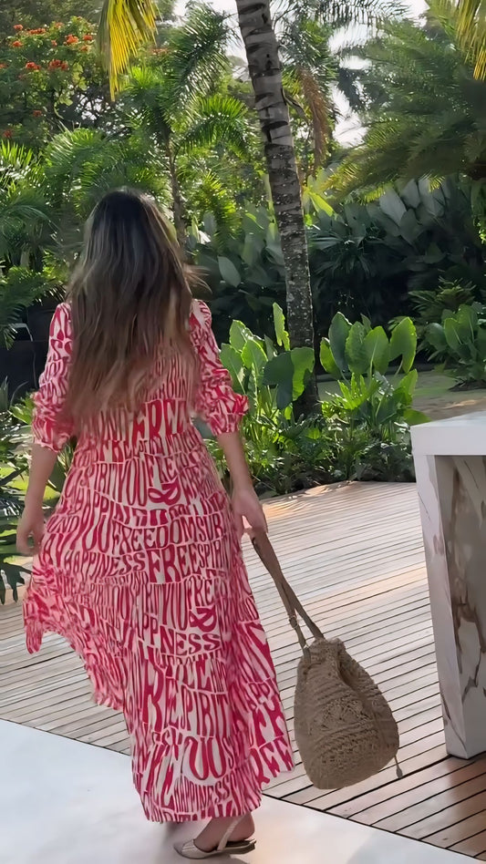 POSHBELLA red typography print maxi dress with flowy relaxed fit