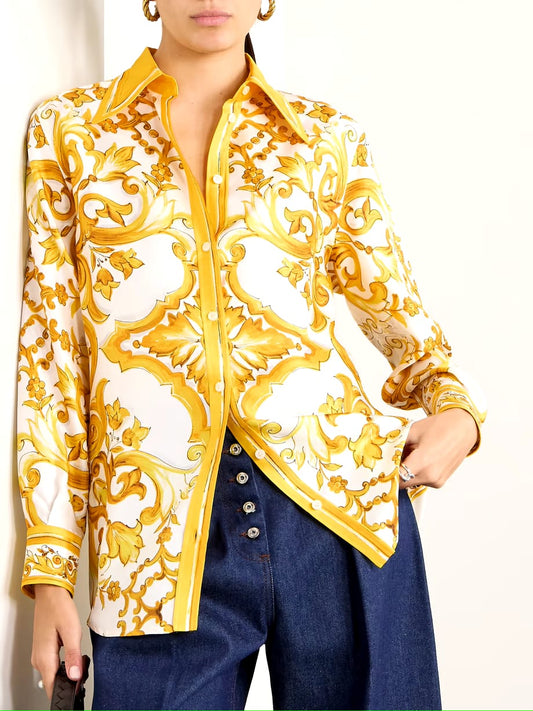 maiolica printed shirt, satin shirt for women, printed satin shirt, women’s formal shirt, golden printed shirt, yellow printed shirt for women, baroque print shirt, statement shirt for women, premium satin shirt, button down shirt for women, full sleeve shirt for women, designer printed shirt, elegant office wear for women, smart casual shirt, party wear shirt for women, stylish western wear, women’s fashion shirt, shirt for office meetings, printed shirt online India, PoshBella women’s wear