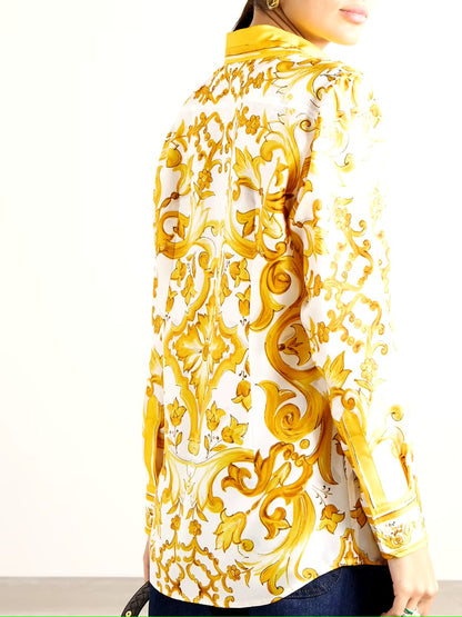maiolica printed shirt, satin shirt for women, printed satin shirt, women’s formal shirt, golden printed shirt, yellow printed shirt for women, baroque print shirt, statement shirt for women, premium satin shirt, button down shirt for women, full sleeve shirt for women, designer printed shirt, elegant office wear for women, smart casual shirt, party wear shirt for women, stylish western wear, women’s fashion shirt, shirt for office meetings, printed shirt online India, PoshBella women’s wear