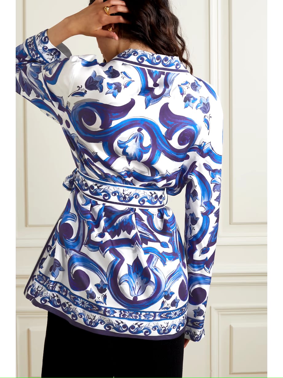 blue printed satin shirt, satin shirt for women, blue baroque print shirt, white and blue shirt, women’s designer shirt, printed formal shirt, button-down shirt for women, belted shirt for women, statement shirt, elegant office wear, smart casual shirt, premium satin shirt, stylish western wear, party wear shirt, PoshBella fashion
