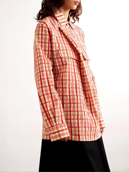 red beige plaid shirt for women, red checkered shirt, women’s rayon shirt, plaid shirt for women, checkered formal shirt, collared shirt for women, women’s office wear shirt, smart casual shirt, full sleeve shirt for women, stylish women’s shirt, casual western wear, PoshBella women’s fashion