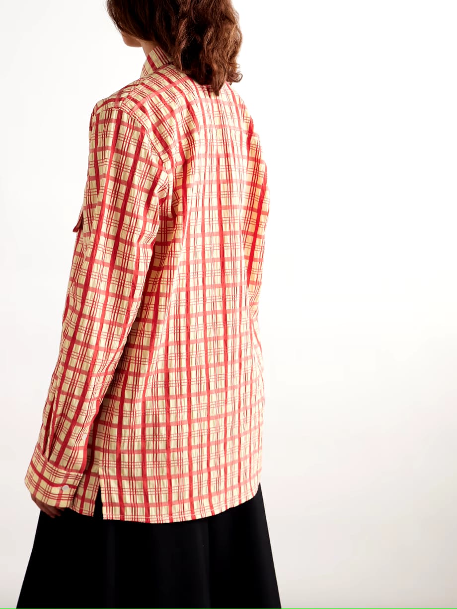 red beige plaid shirt for women, red checkered shirt, women’s rayon shirt, plaid shirt for women, checkered formal shirt, collared shirt for women, women’s office wear shirt, smart casual shirt, full sleeve shirt for women, stylish women’s shirt, casual western wear, PoshBella women’s fashion