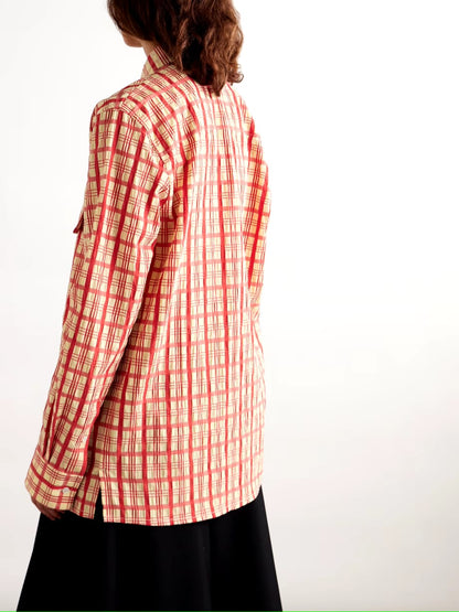 red beige plaid shirt for women, red checkered shirt, women’s rayon shirt, plaid shirt for women, checkered formal shirt, collared shirt for women, women’s office wear shirt, smart casual shirt, full sleeve shirt for women, stylish women’s shirt, casual western wear, PoshBella women’s fashion