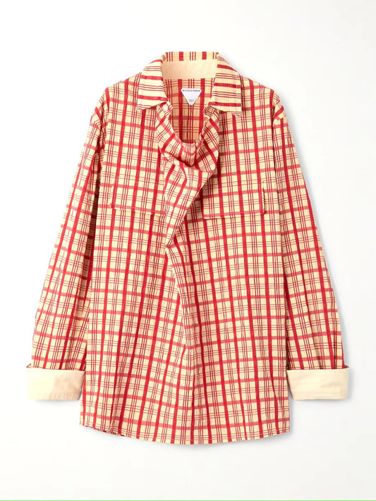 red beige plaid shirt for women, red checkered shirt, women’s rayon shirt, plaid shirt for women, checkered formal shirt, collared shirt for women, women’s office wear shirt, smart casual shirt, full sleeve shirt for women, stylish women’s shirt, casual western wear, PoshBella women’s fashion