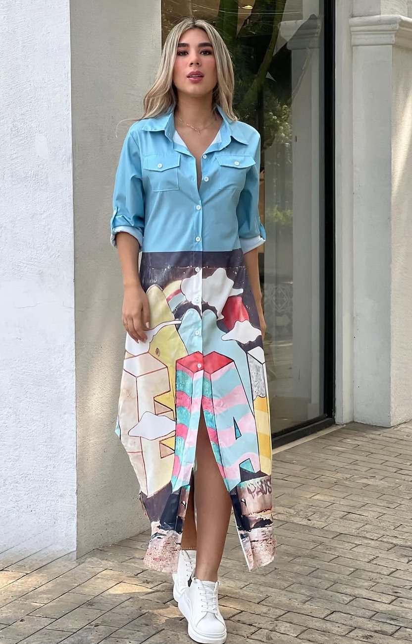 graphic print dress for women, long shirt dress for women, satin shirt dress, printed maxi shirt dress, sky blue shirt dress, multicolour graphic dress, button down dress for women, casual long dress, western dress for women, stylish dresses online India, travel dress for women, brunch outfit for women, trendy printed dress, PoshBella dresses