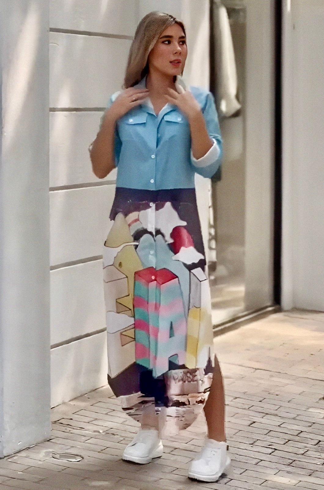 graphic print dress for women, long shirt dress for women, satin shirt dress, printed maxi shirt dress, sky blue shirt dress, multicolour graphic dress, button down dress for women, casual long dress, western dress for women, stylish dresses online India, travel dress for women, brunch outfit for women, trendy printed dress, PoshBella dresses