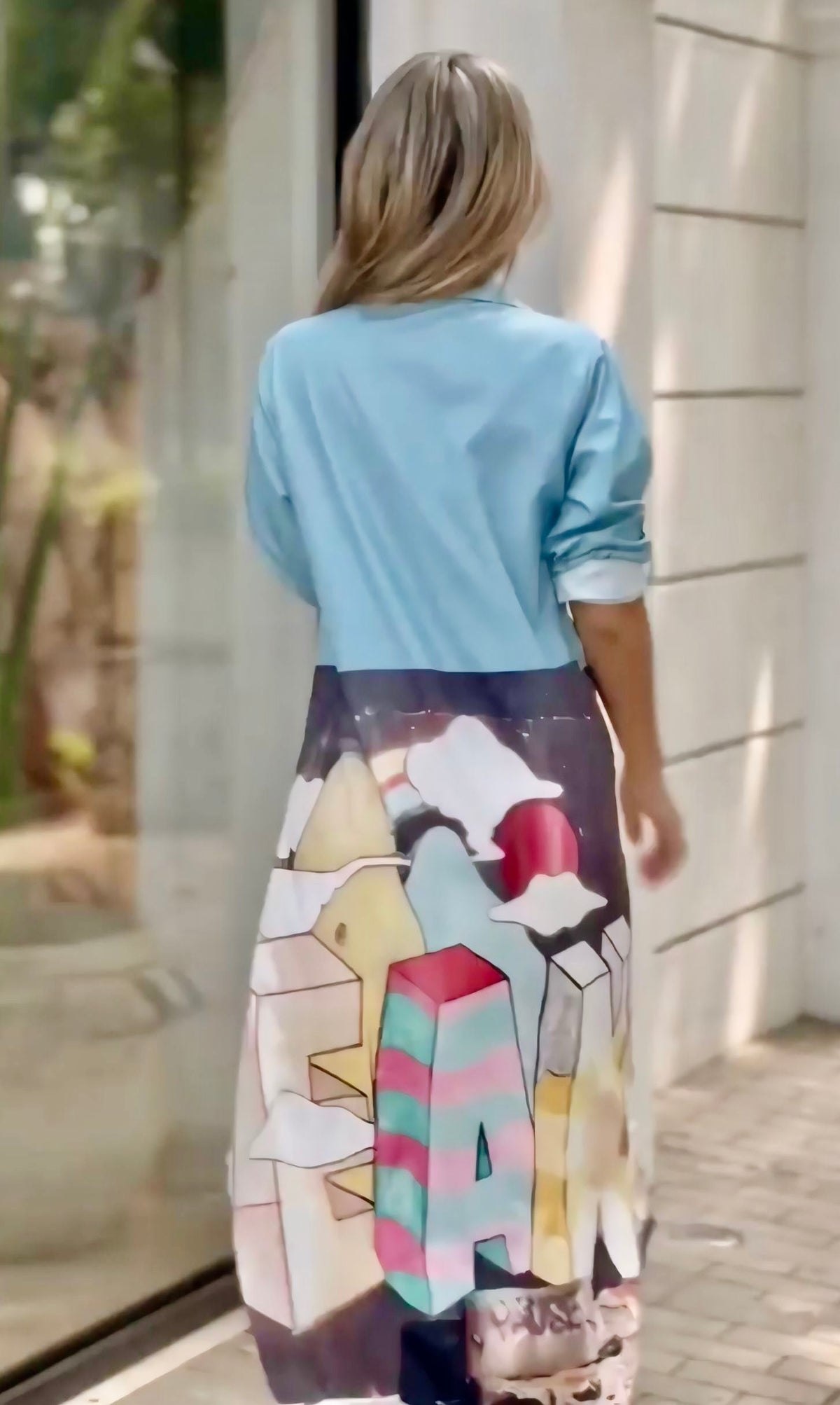graphic print dress for women, long shirt dress for women, satin shirt dress, printed maxi shirt dress, sky blue shirt dress, multicolour graphic dress, button down dress for women, casual long dress, western dress for women, stylish dresses online India, travel dress for women, brunch outfit for women, trendy printed dress, PoshBella dresses