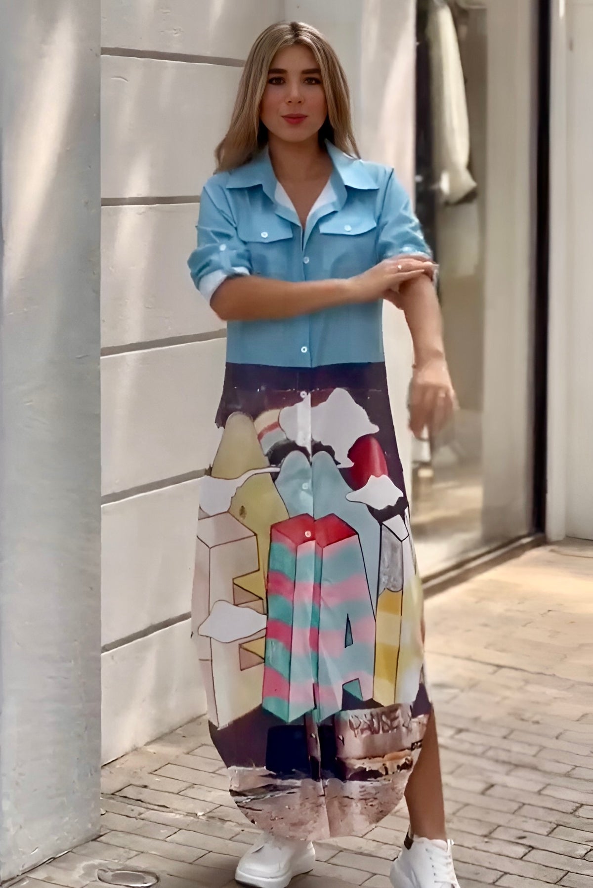 graphic print dress for women, long shirt dress for women, satin shirt dress, printed maxi shirt dress, sky blue shirt dress, multicolour graphic dress, button down dress for women, casual long dress, western dress for women, stylish dresses online India, travel dress for women, brunch outfit for women, trendy printed dress, PoshBella dresses