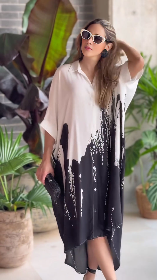 black and white kaftan dress, abstract print dress for women, Korean BSY dress, kaftan style dress, free size dress for women, black and white maxi dress, relaxed fit dress, printed kaftan for women, stylish western dress, resort wear for women, vacation dress for women, elegant casual dress, plus size kaftan style, women’s dresses online India, PoshBella dresses